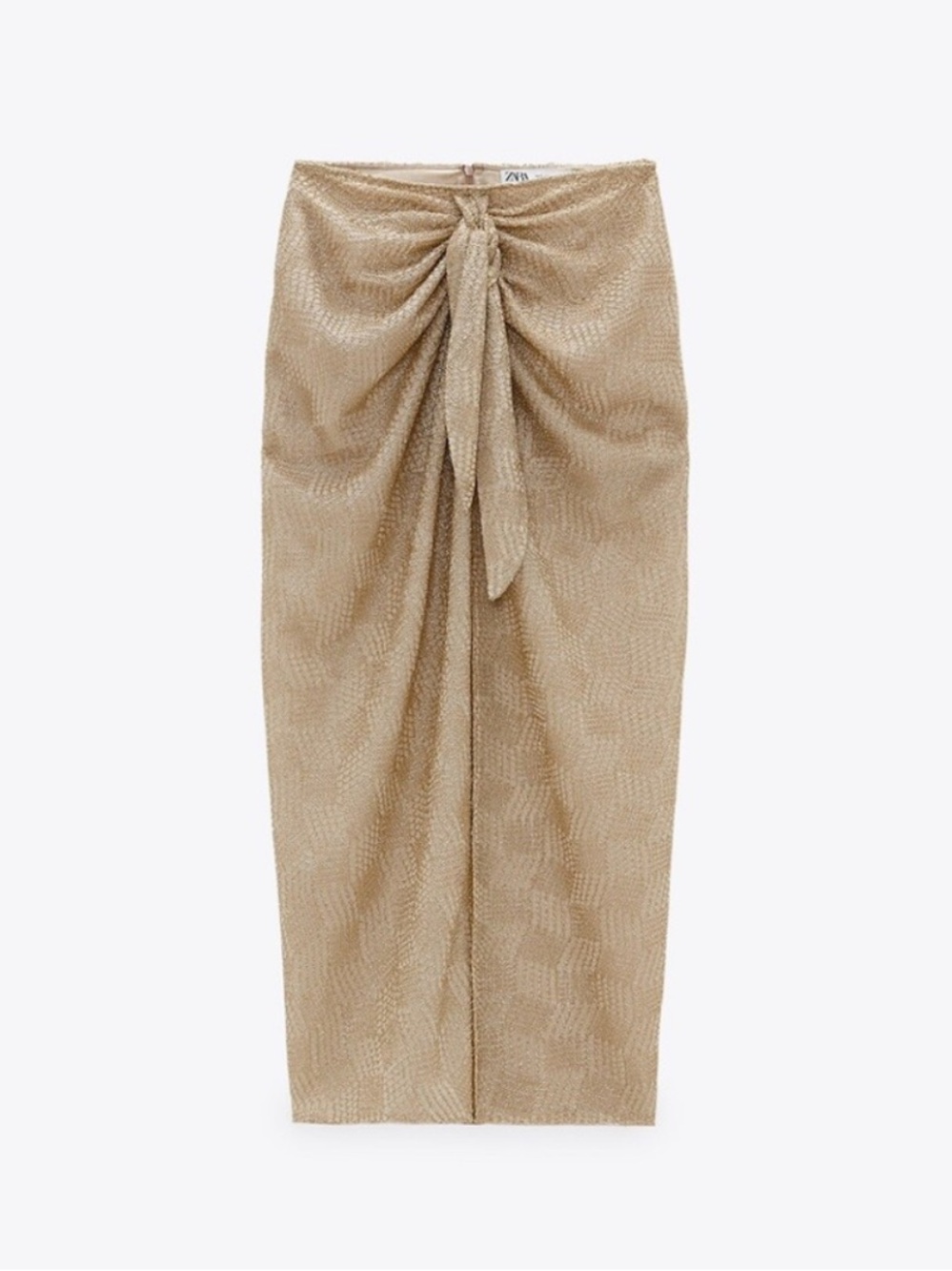 Zara Metallic Knot-Front Beige Pencil Skirt